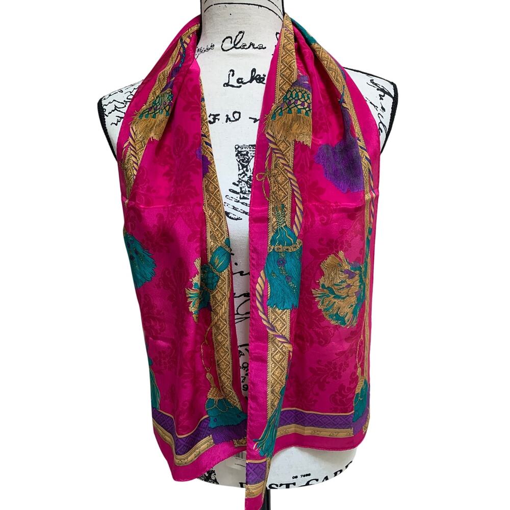 NWT Vintage Bright Multi Colored Liz Claiborne Silk Scarf Tassel Print 50x11 - Picture 2 of 5